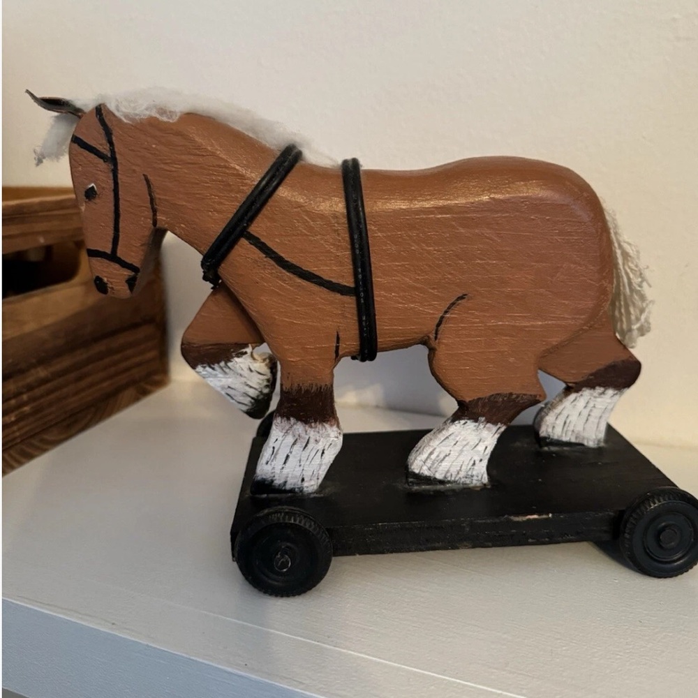 Vintage Wooden Toy Horse on Wheels Figurine Original Hand Carved Painted Signed